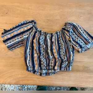 Women’s Navy & Orange Striped Off-Shoulder Crop Top